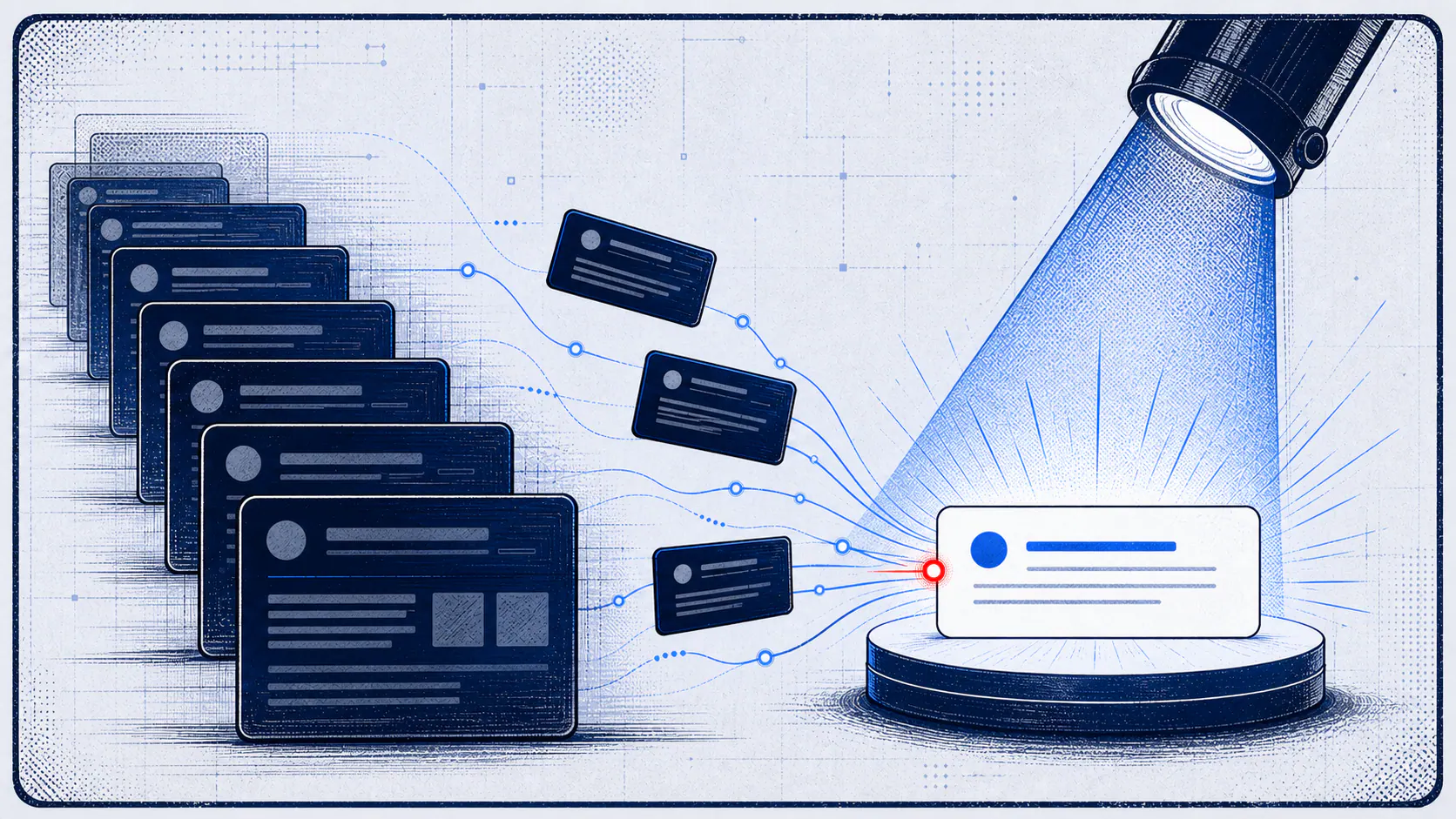 Comic-style panel showing many search result cards feeding into one spotlighted answer card.