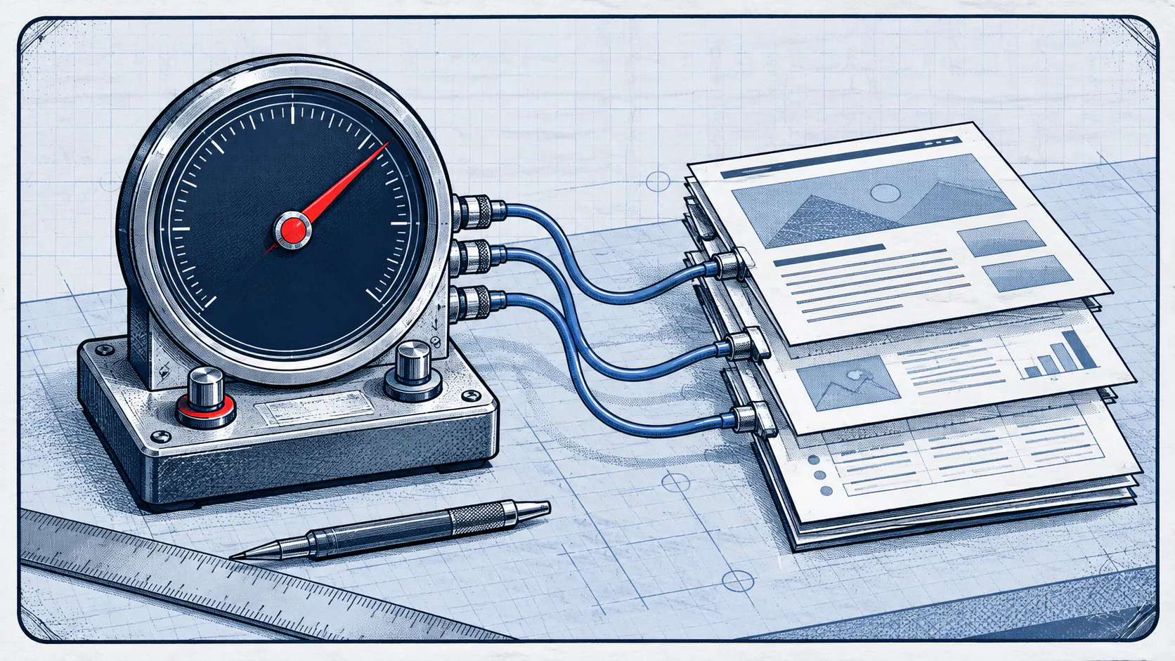 A precision audit instrument connected to website evidence sheets on a light blueprint inspection bench.