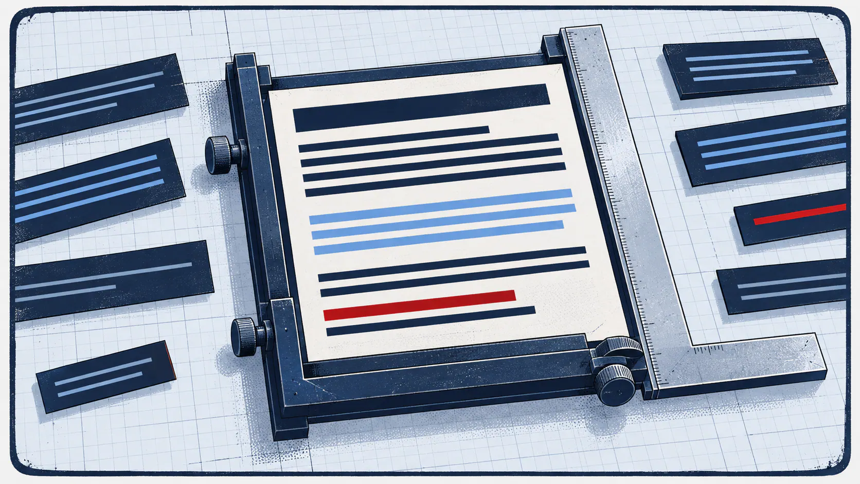 A navy composing jig and precision square align a self-contained paragraph card on a cool light blueprint workbench.