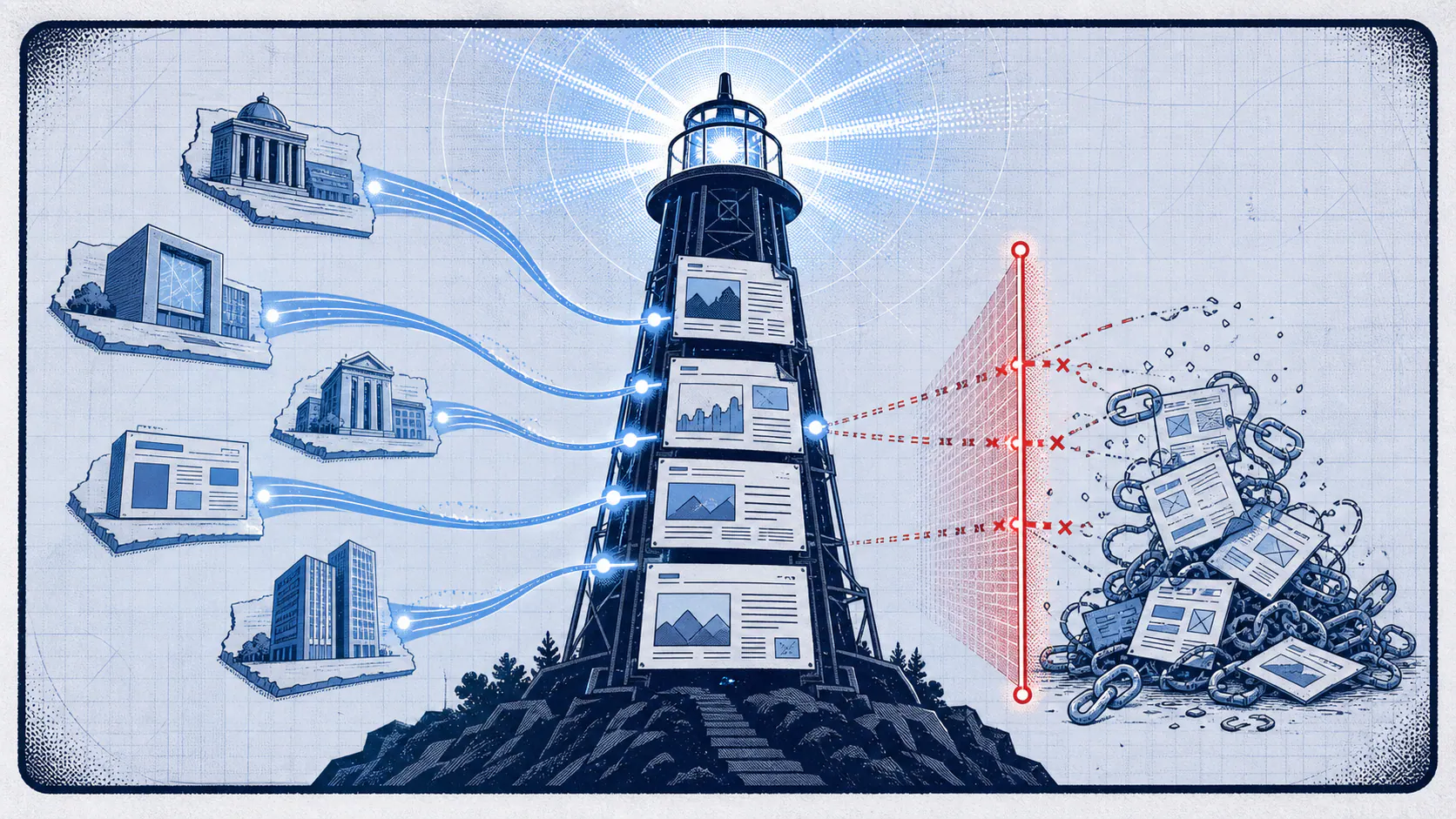 Light-field comic panel showing trusted coverage signals feeding an authority tower while a red filter blocks manufactured link clutter.