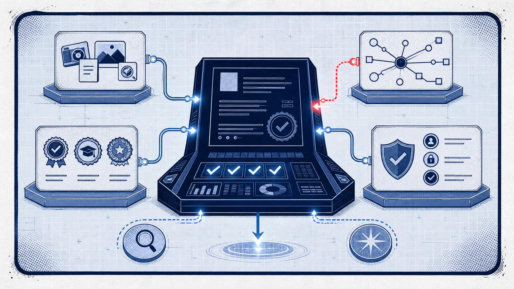 Light-field comic panel showing a central credibility evidence console receiving proof, credentials, citation, and trust signals.