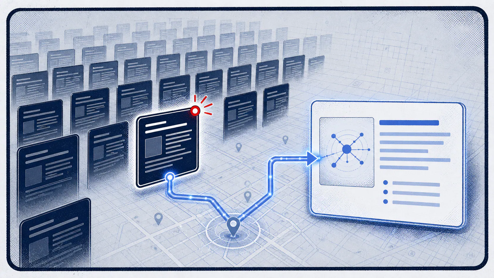 Light-field comic panel showing one distinctive legal source card selected from many generic cards and routed into an AI answer panel.