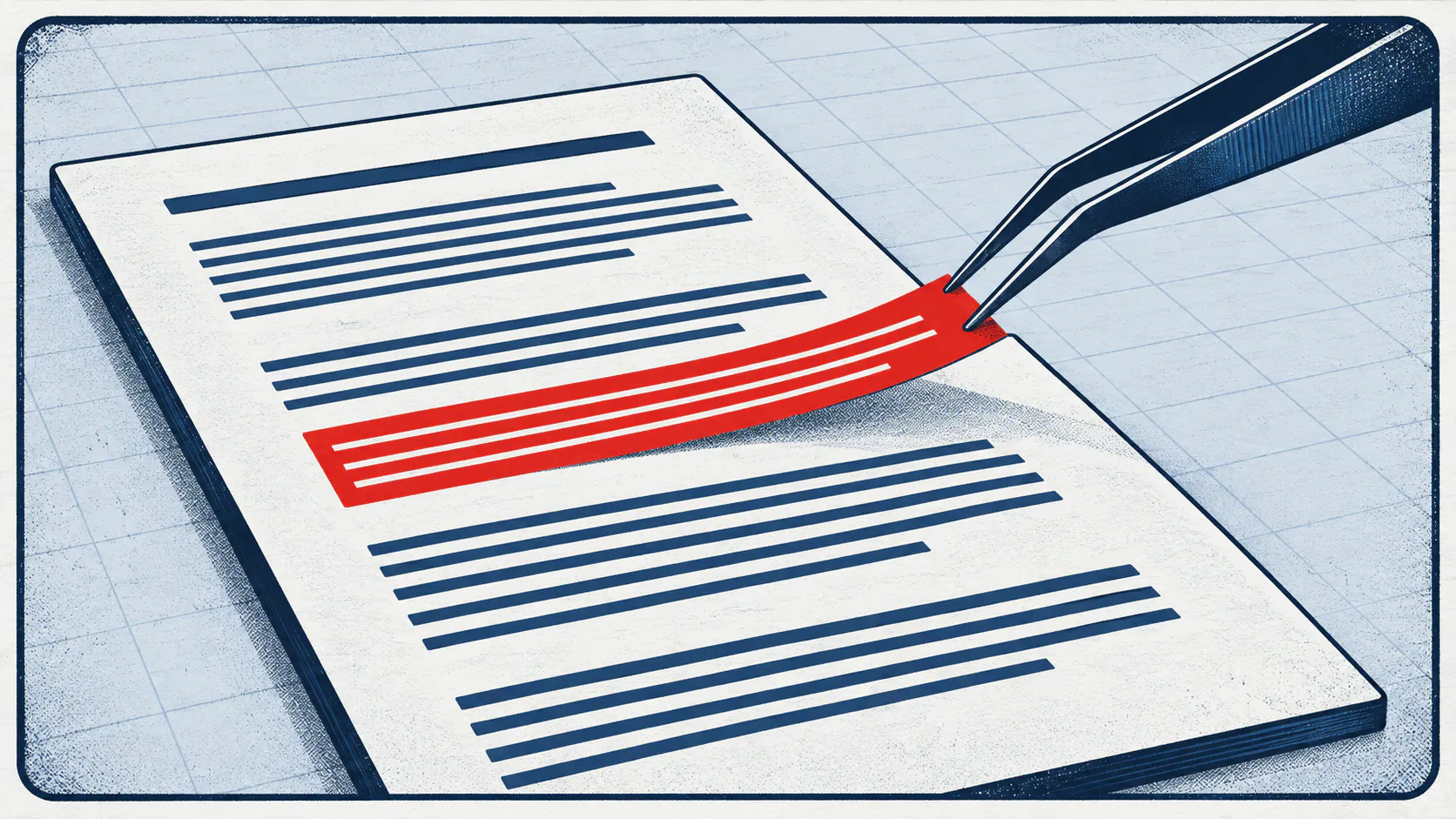 Navy precision tweezers lift one red paragraph strip from a page on a cool light blueprint surface.