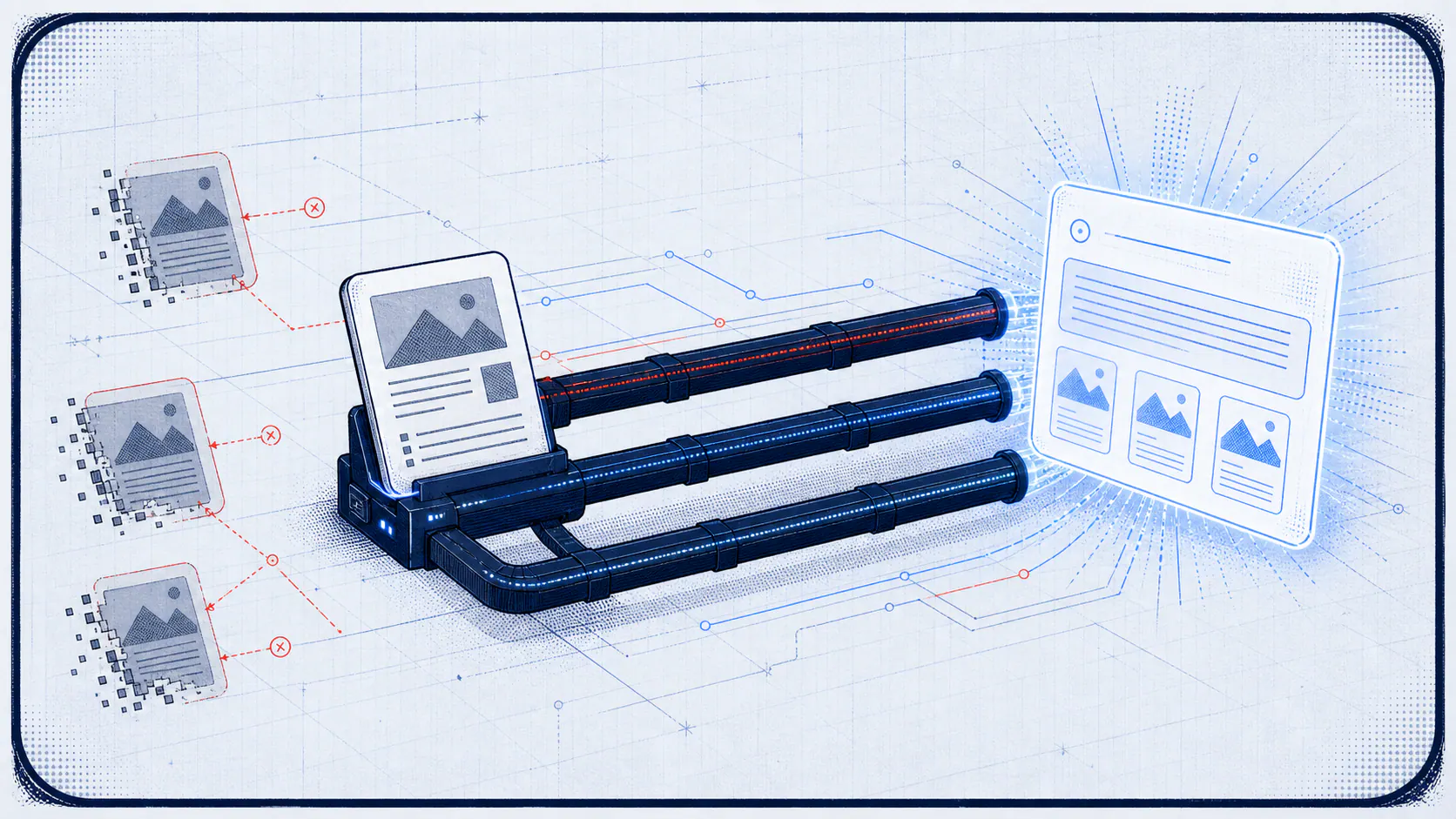 Light-field comic panel showing a clean source page riding dark technical infrastructure rails toward an AI answer while blocked pages sit disconnected nearby.