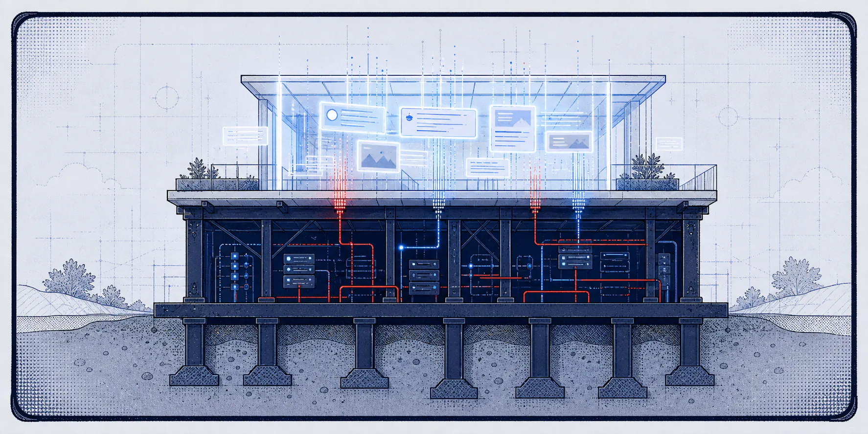 Light-field comic building cross-section showing a bright AI visibility top floor supported by a dark technical SEO foundation and red-blue signal paths.