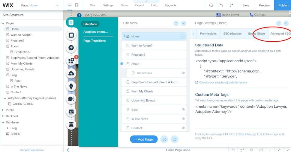 Wix SEO Advanced Settings Tab